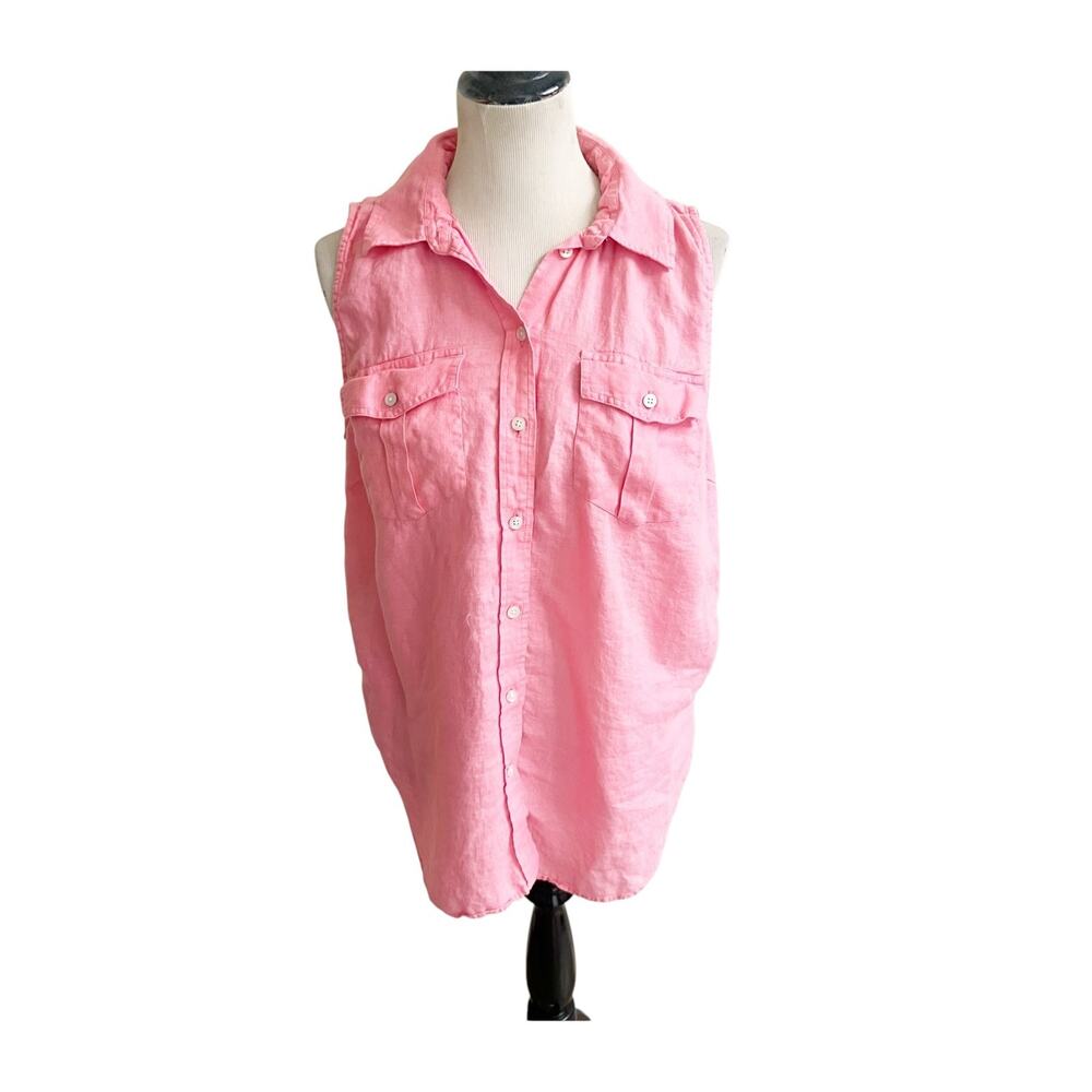 Talbots Boyfriend Shirt Womens XL Pink 100% Linen Sleeveless Button Front Preppy